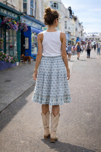 Knee Length Woodblock Print Skirt | Blue