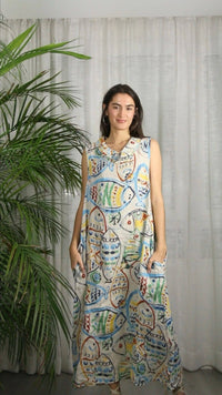 Fish Printed Linen Boat Neck Dress
