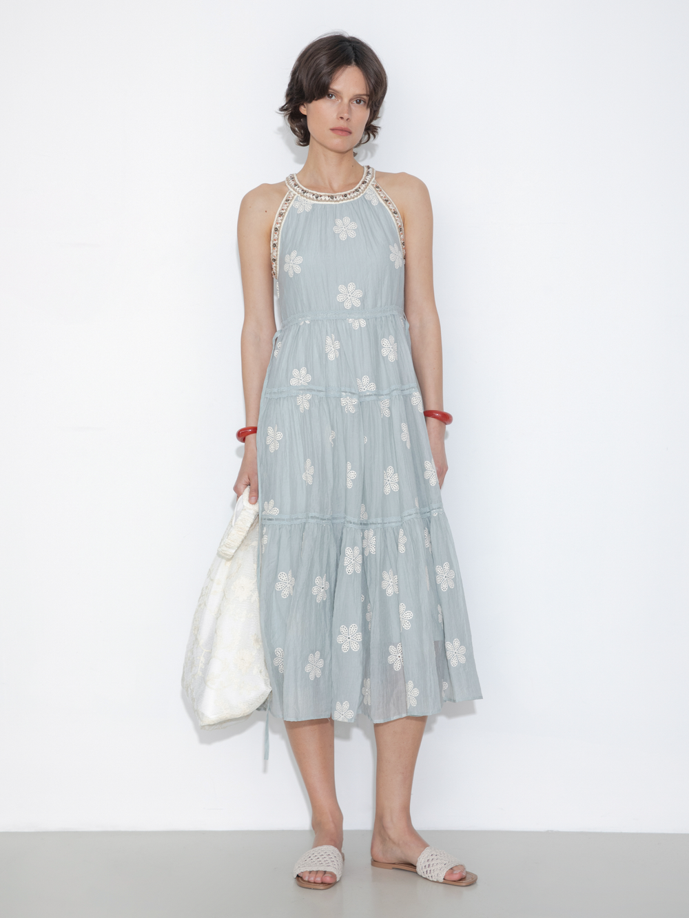 A-Line Halter Round-Neck Embroidered Maxi Dress