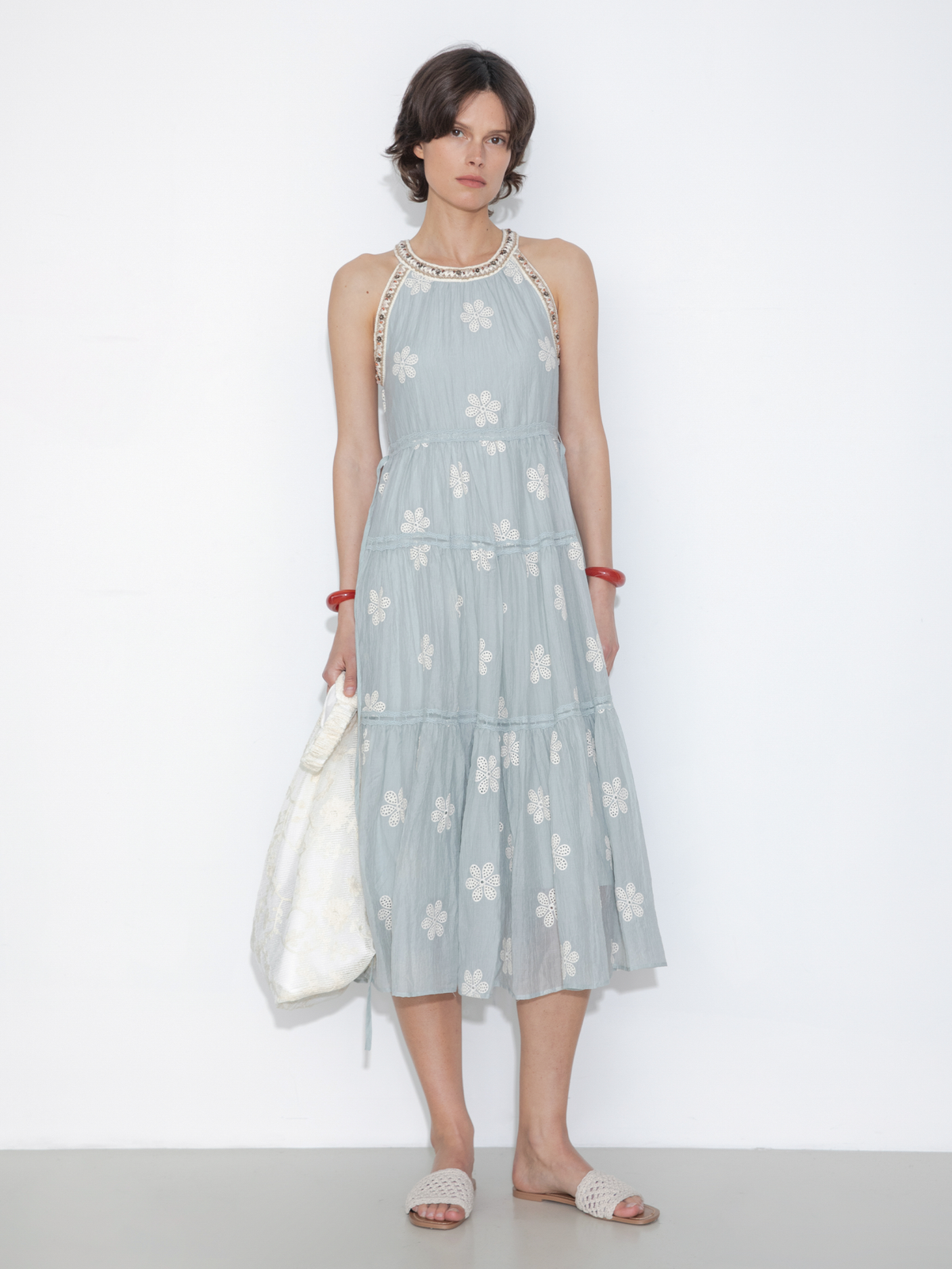 A-Line Halter Round-Neck Embroidered Maxi Dress