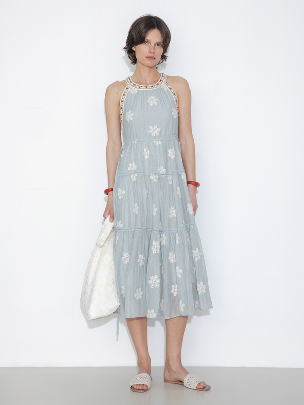 A-Line Halter Round-Neck Embroidered Maxi Dress