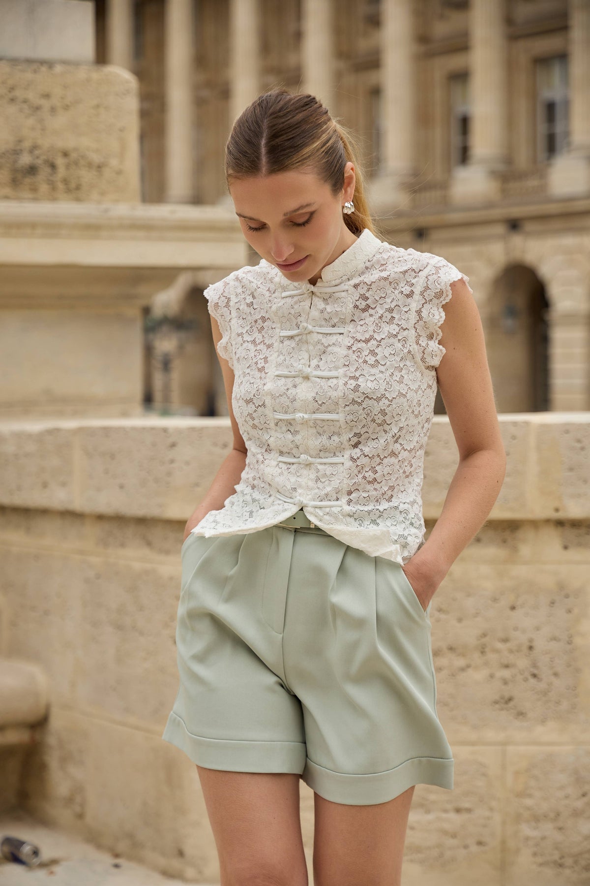 Lace Embroidered Top with Frog button Closure | Ecru