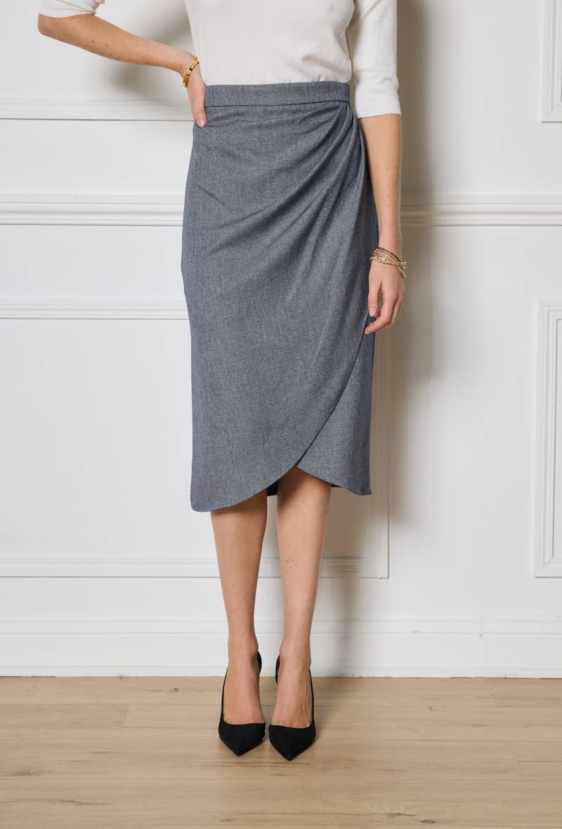 Grey Micro Check Wrap Skirt with Pleat Detail