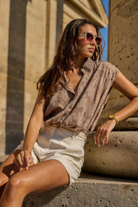 Capped Sleeve Lacey Shirt with Gold Details | Taupe