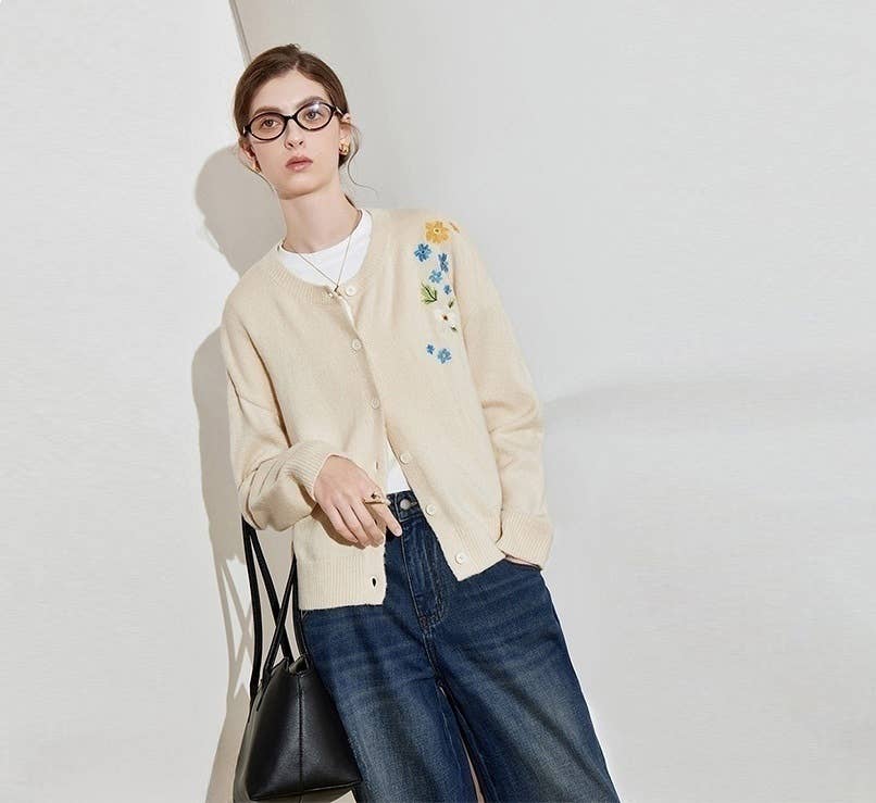 Floral Embroidered Cardigan in Cream