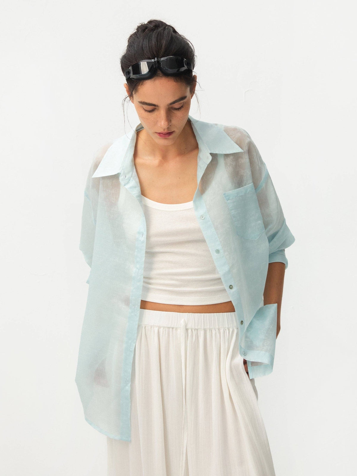 Lyocell Oversized Sheer Button-Down Shirt | Mint Green