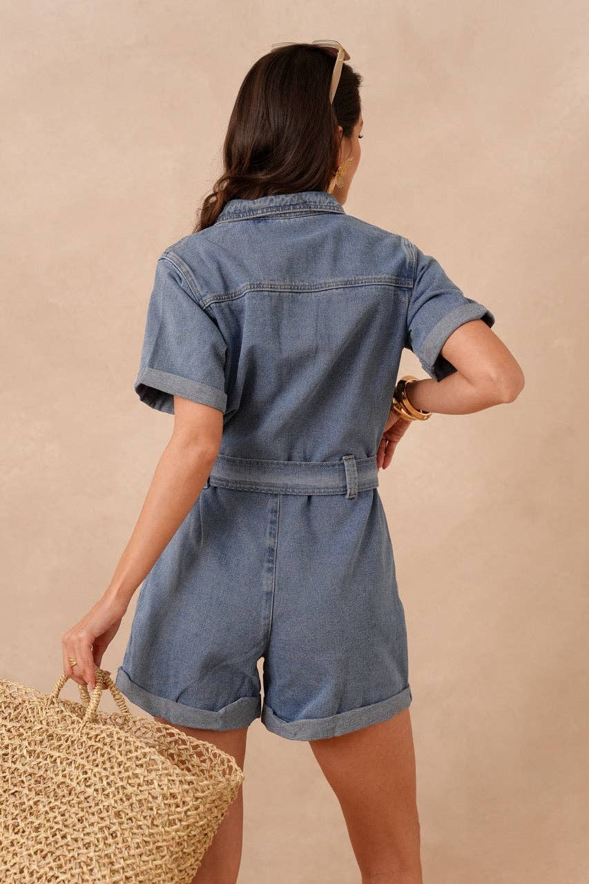 Mid Wash Denim Short Playsuit