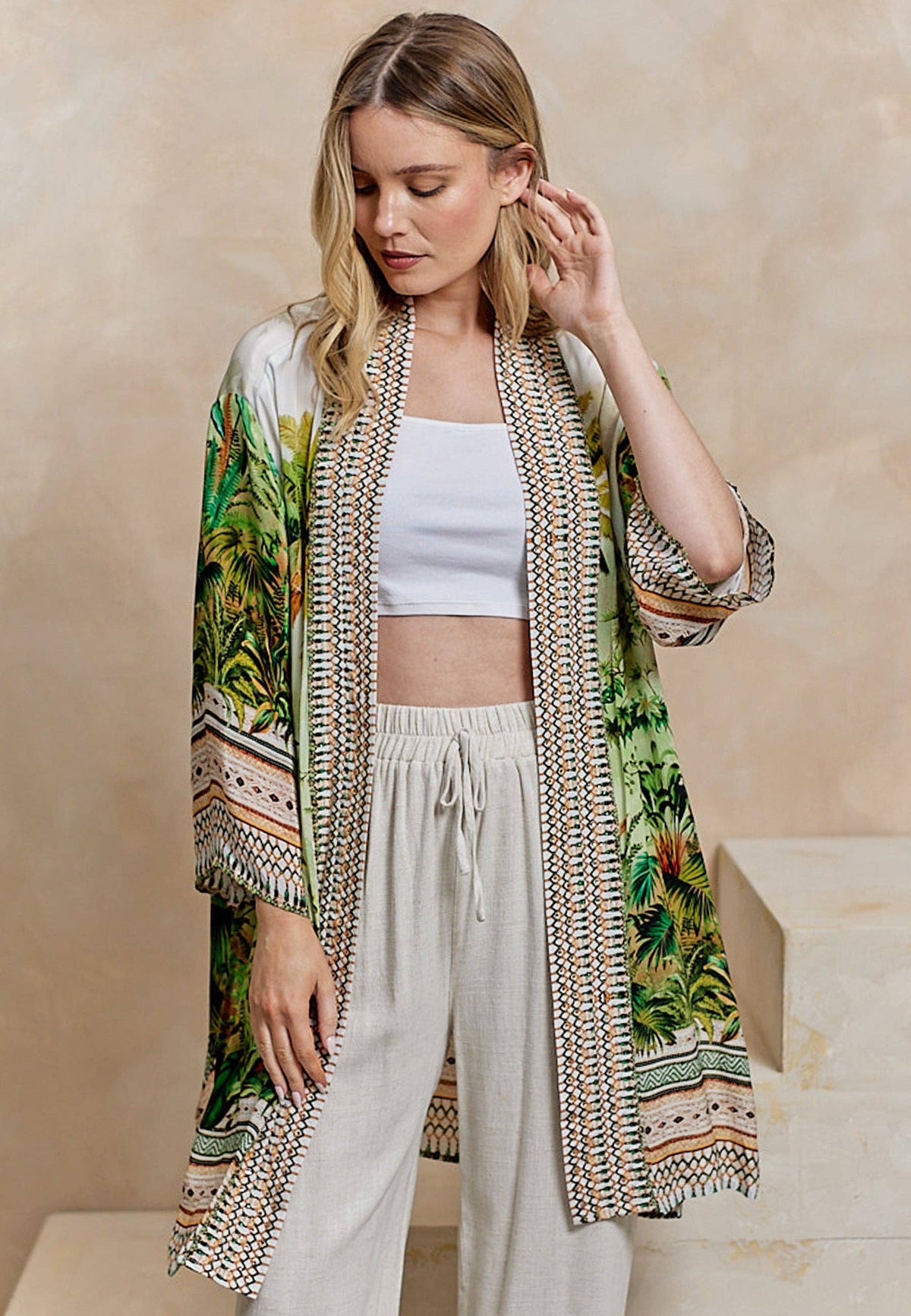 Luxurious Viscose Crepe Bordered Midi Kimono in Premium Tropical Print