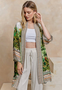 Luxurious Viscose Crepe Bordered Midi Kimono in Premium Tropical Print