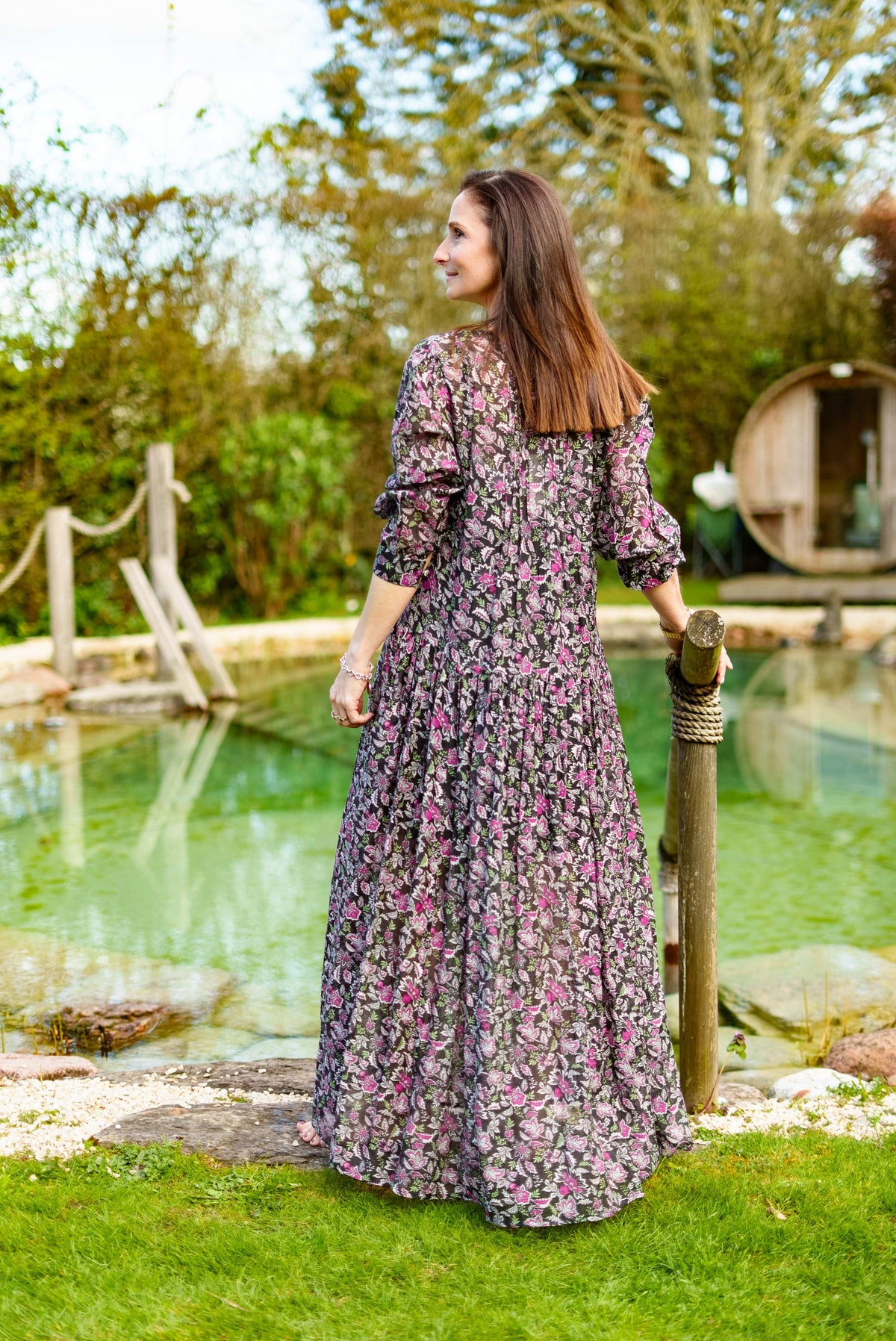 Floral Printed Cotton and Silk Maxi Dress | Black