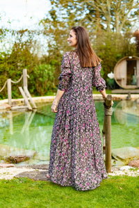 Floral Printed Cotton and Silk Maxi Dress | Black