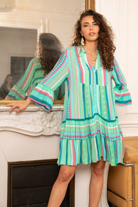 Striped Midi Length Dress with Flowy Sleeves | Greens