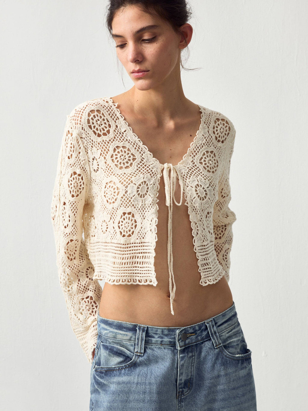 Cotton Crochet Lace Trim Cropped Cardigan