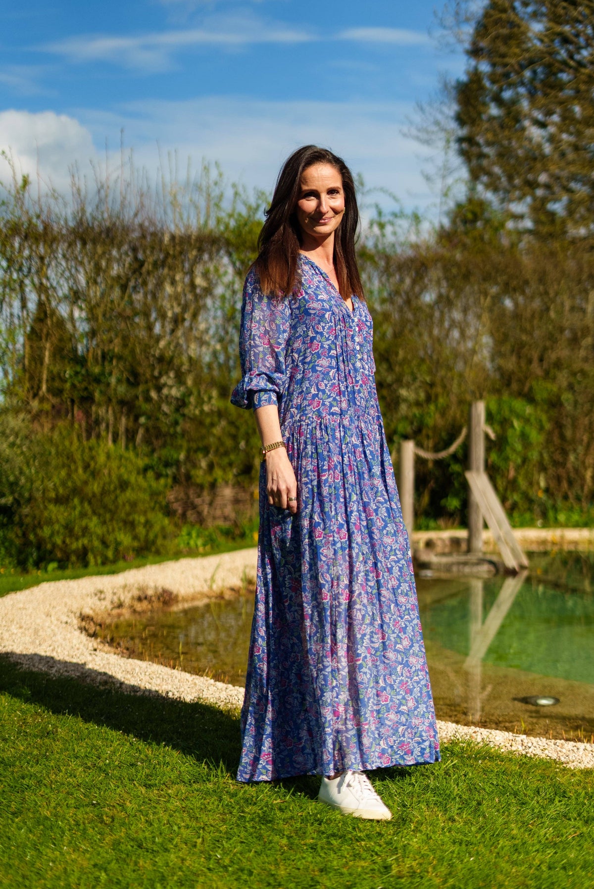 Floral Printed Cotton and Silk Maxi Dress | Blue