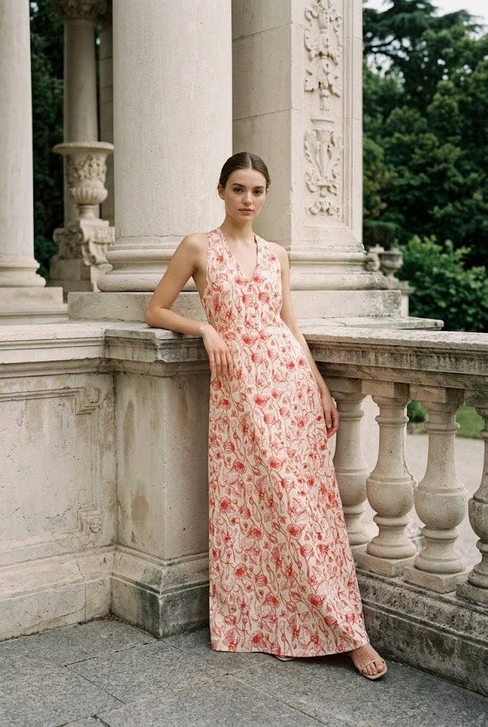 Long Printed Halter-Neck Style Cotton Dress