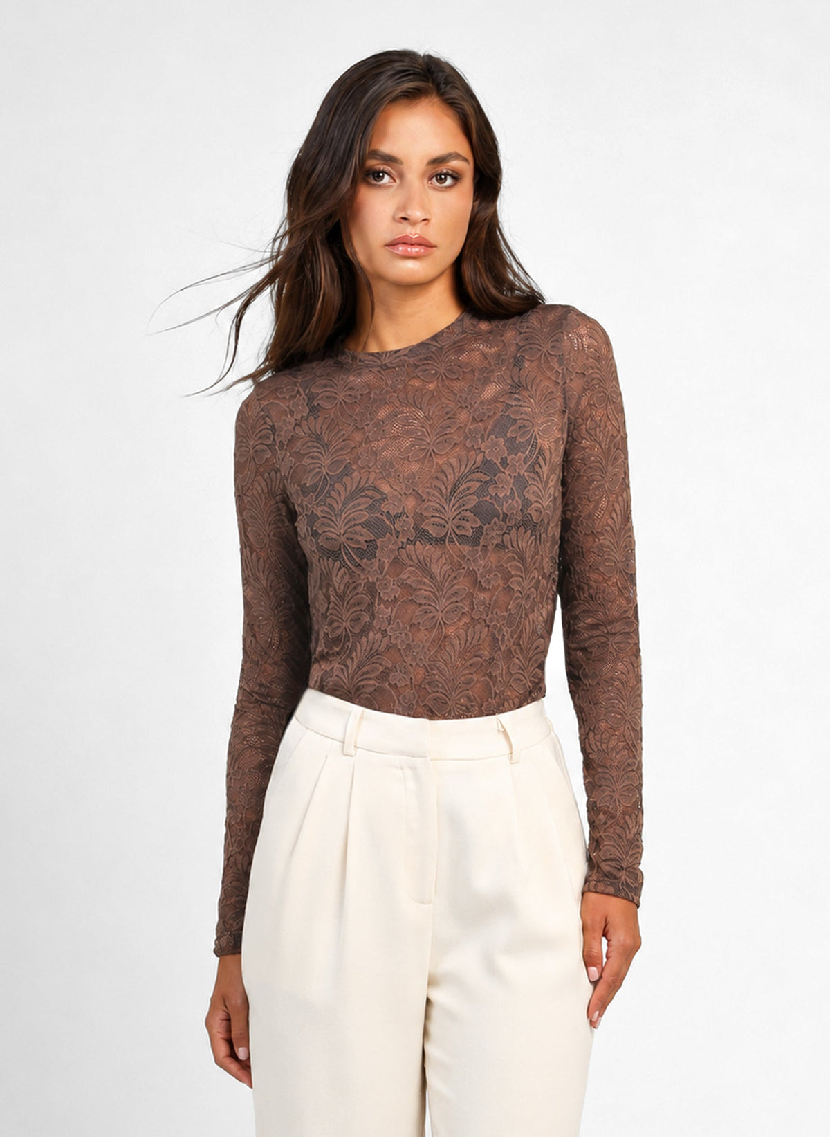 Alezana Long Sleeve Lace T-Shirt | Brown
