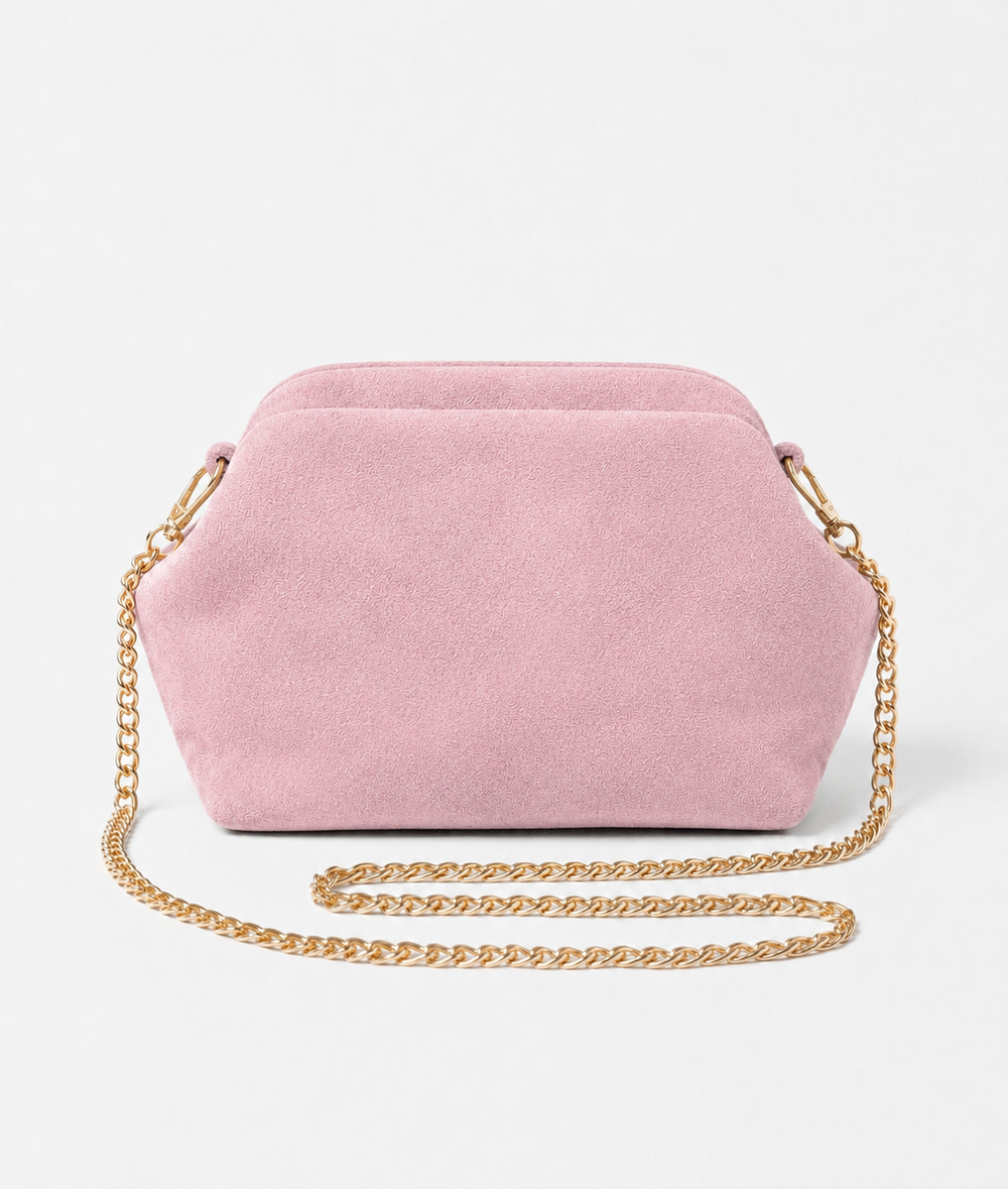 Suede Shell Inspired Clutch Bag with Chain in Blush Pink