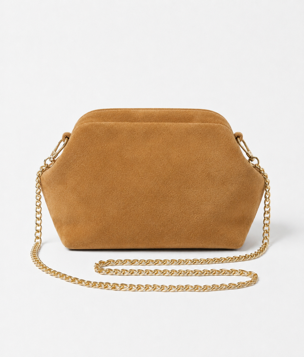 Suede Shell Inspired Clutch Bag with Chain in Camel