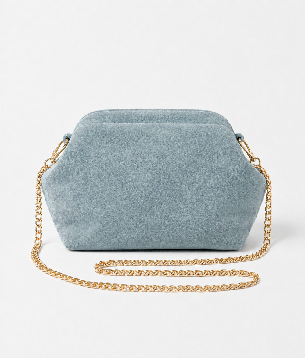 Suede Shell Inspired Clutch Bag with Chain in Cloud Blue