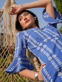 Cat Blue Cotton Broidere Midi Dress in Blue