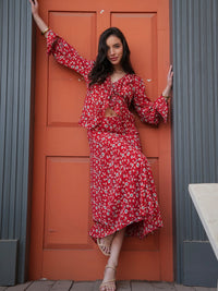 Philippa Red Floral Print Midi Skirt