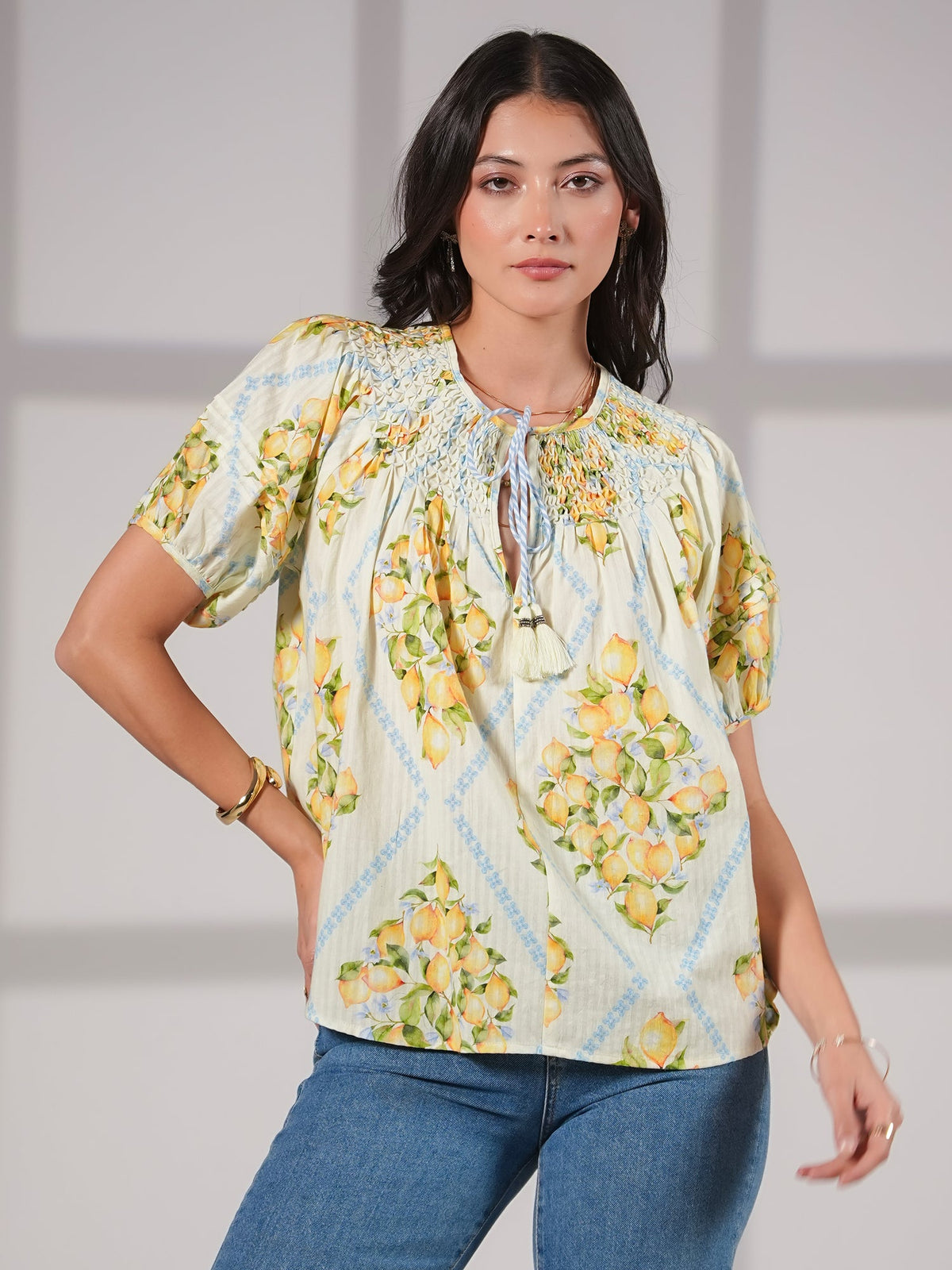 Kirsten Lemon Print Smock Detail Cotton Blouse