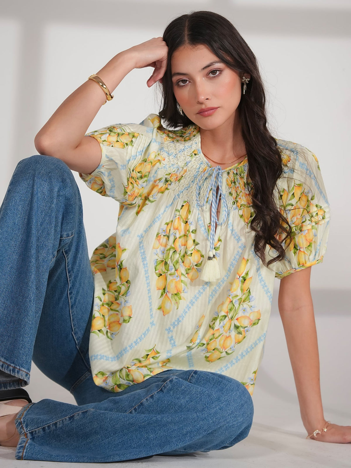 Kirsten Lemon Print Smock Detail Cotton Blouse