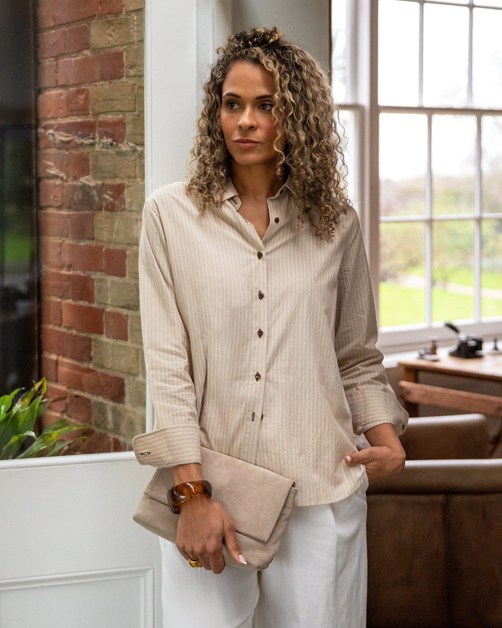 Nola Stripe Shirt | Beige/Ecru