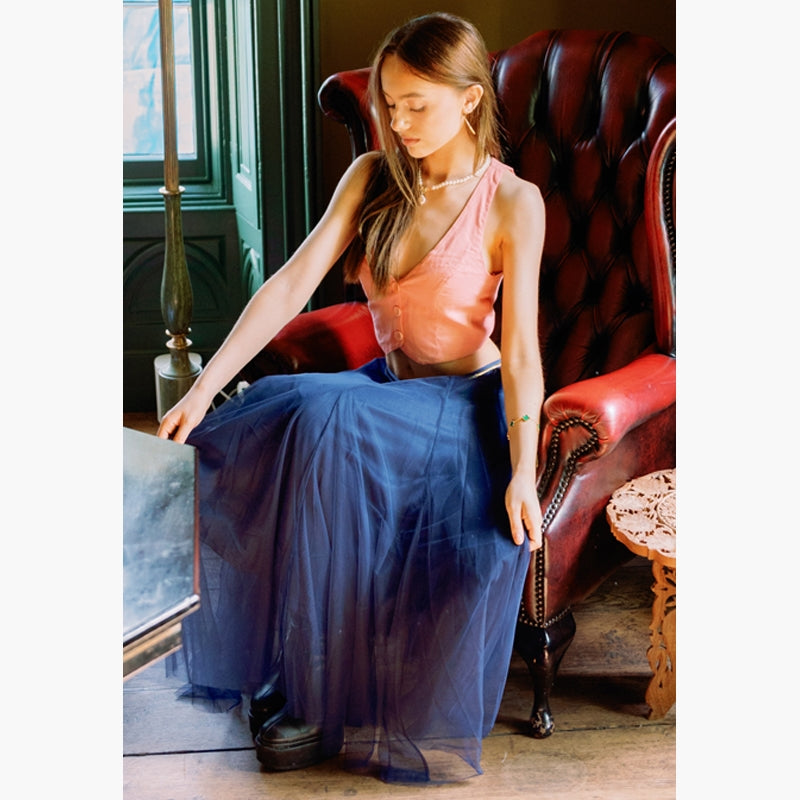 Midi Tulle Skirt in Navy Blue