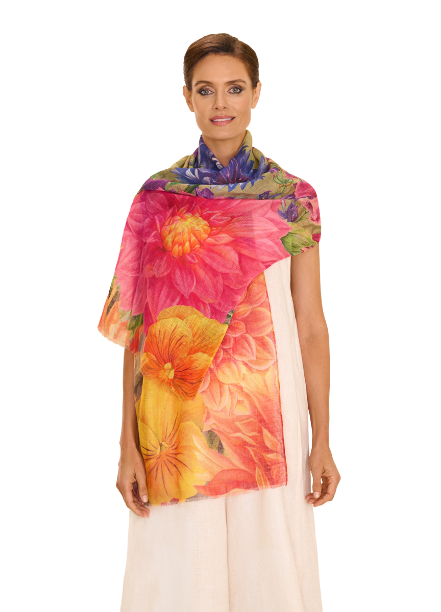Bountiful Blooms Linen & Cotton Blend Lightweight Scarf in Multi
