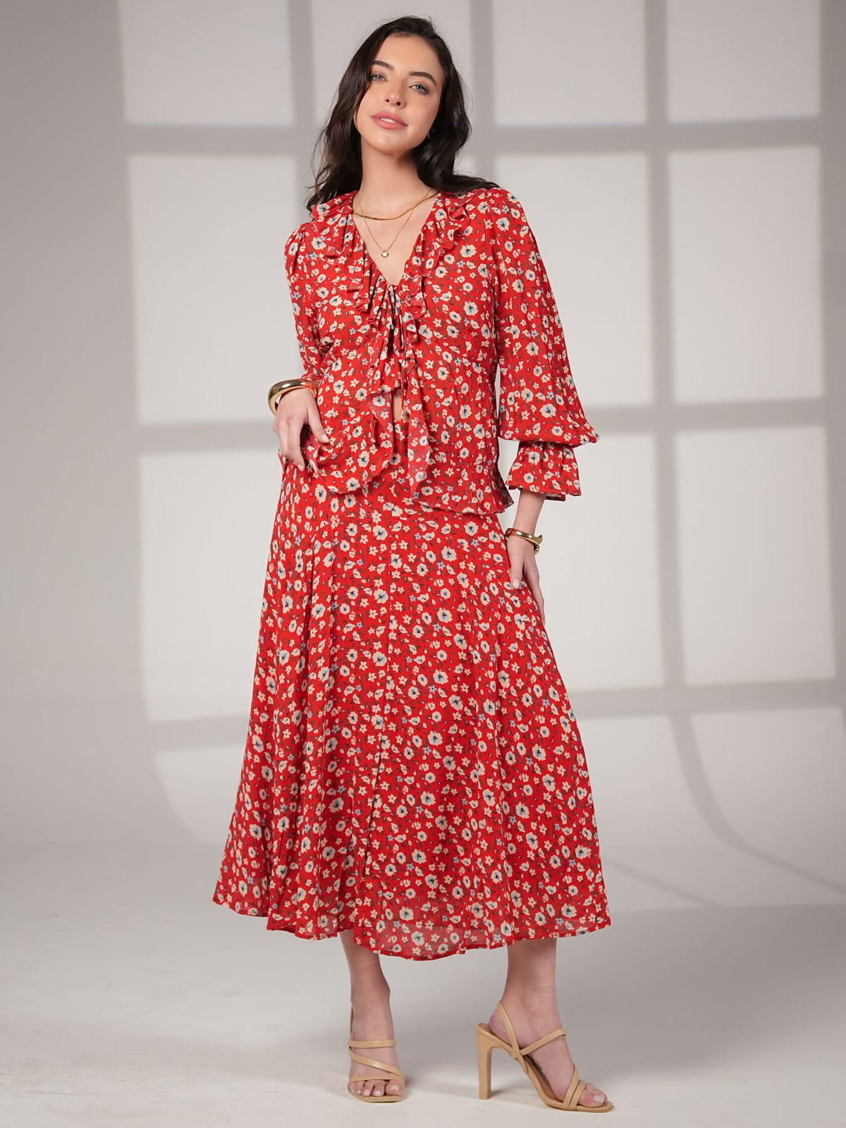 Philippa Red Floral Print Midi Skirt