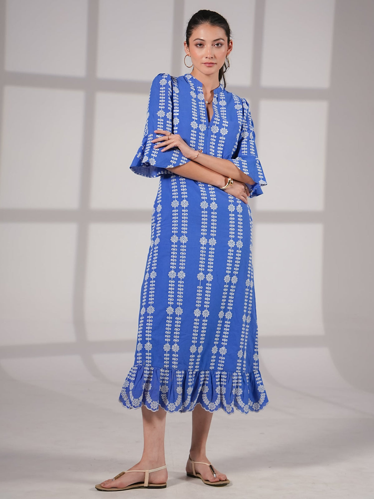 Cat Blue Cotton Broidere Midi Dress in Blue
