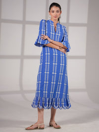 Cat Blue Cotton Broidere Midi Dress in Blue
