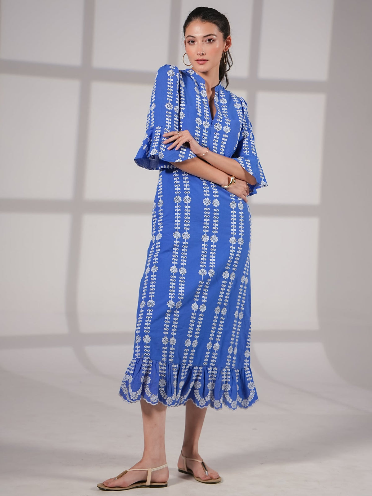 Cat Blue Cotton Broidere Midi Dress in Blue
