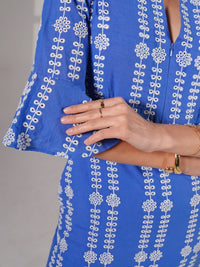 Cat Blue Cotton Broidere Midi Dress in Blue