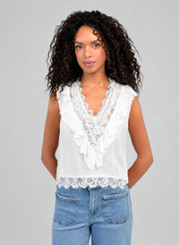 Savilma Sleeveless Lace Ruffle Top | Ecru