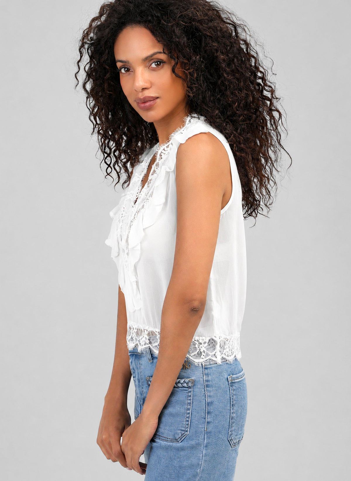 Savilma Sleeveless Lace Ruffle Top | Ecru
