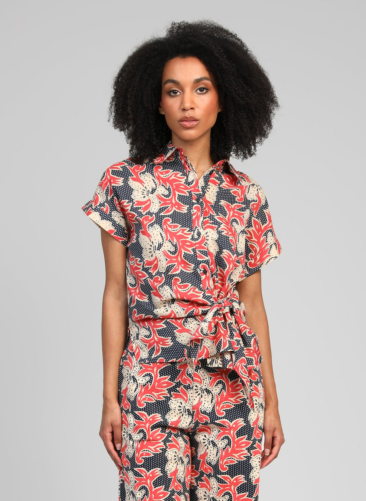 Sebela Print Tie Shirt | Blue & Coral