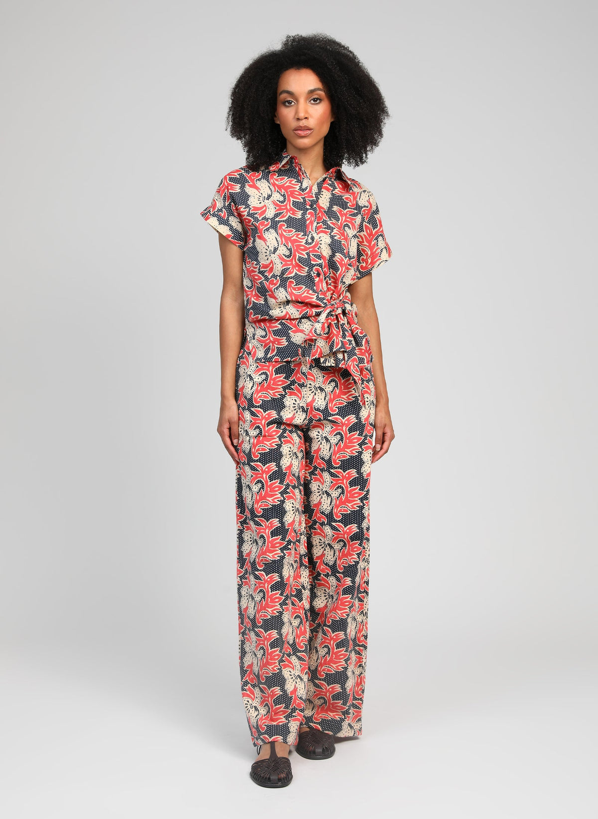 Sebela Print Tie Shirt | Blue & Coral