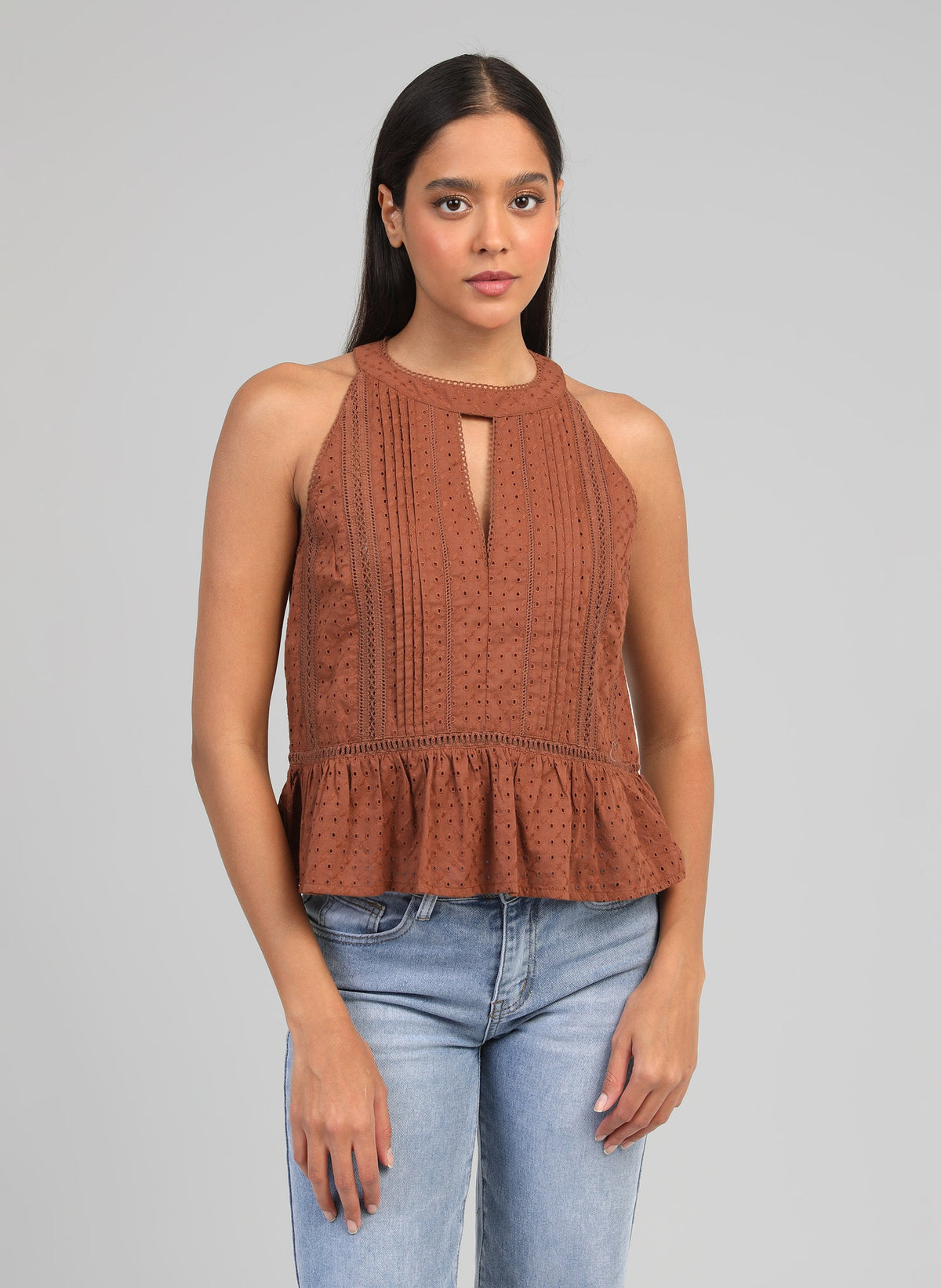 Semina Lace Halter Neck Top | Chocolate Brown