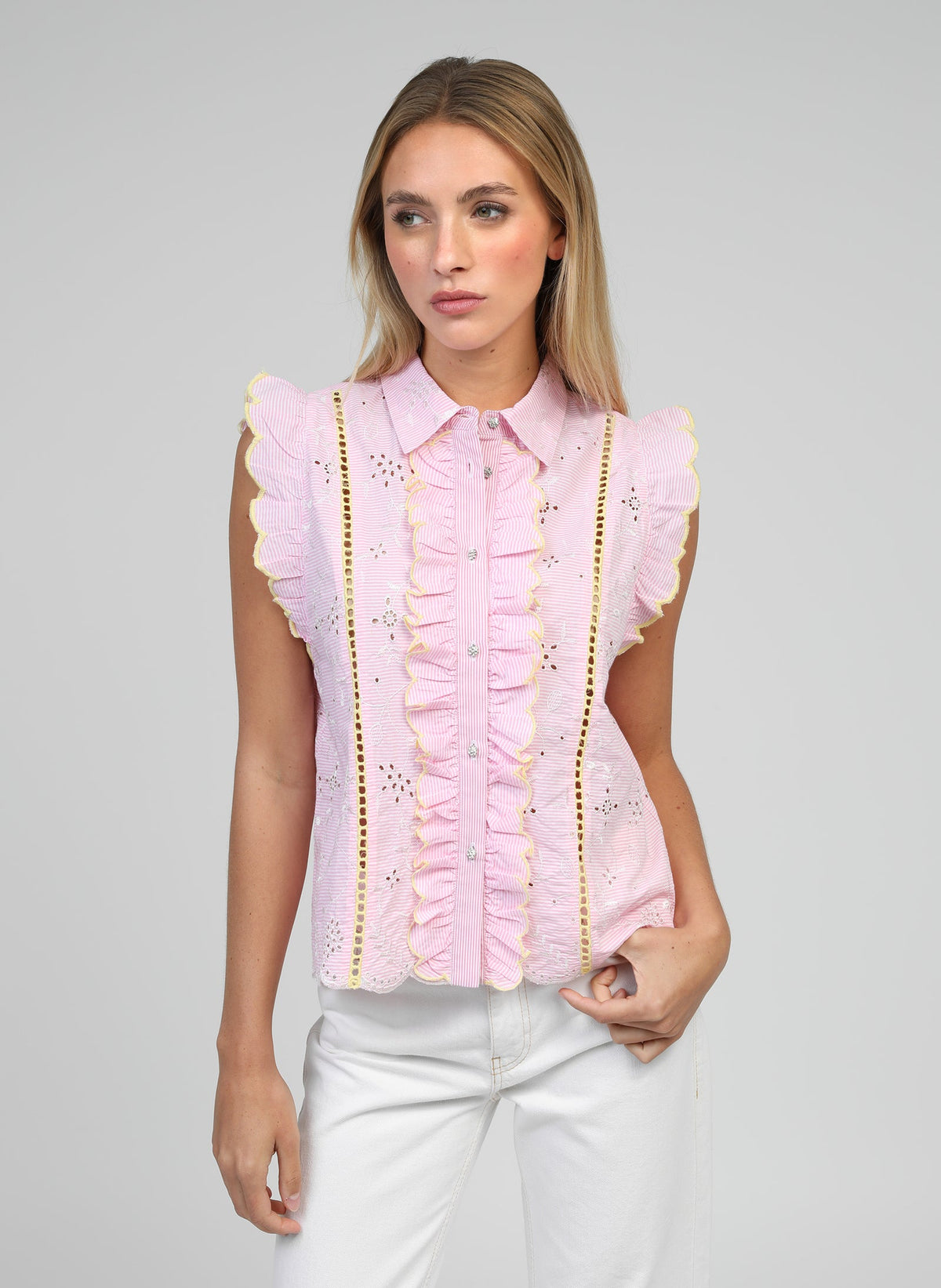 Sileon Embroidered Ruffle Sleeveless Blouse | Pink
