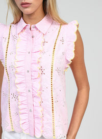 Sileon Embroidered Ruffle Sleeveless Blouse | Pink