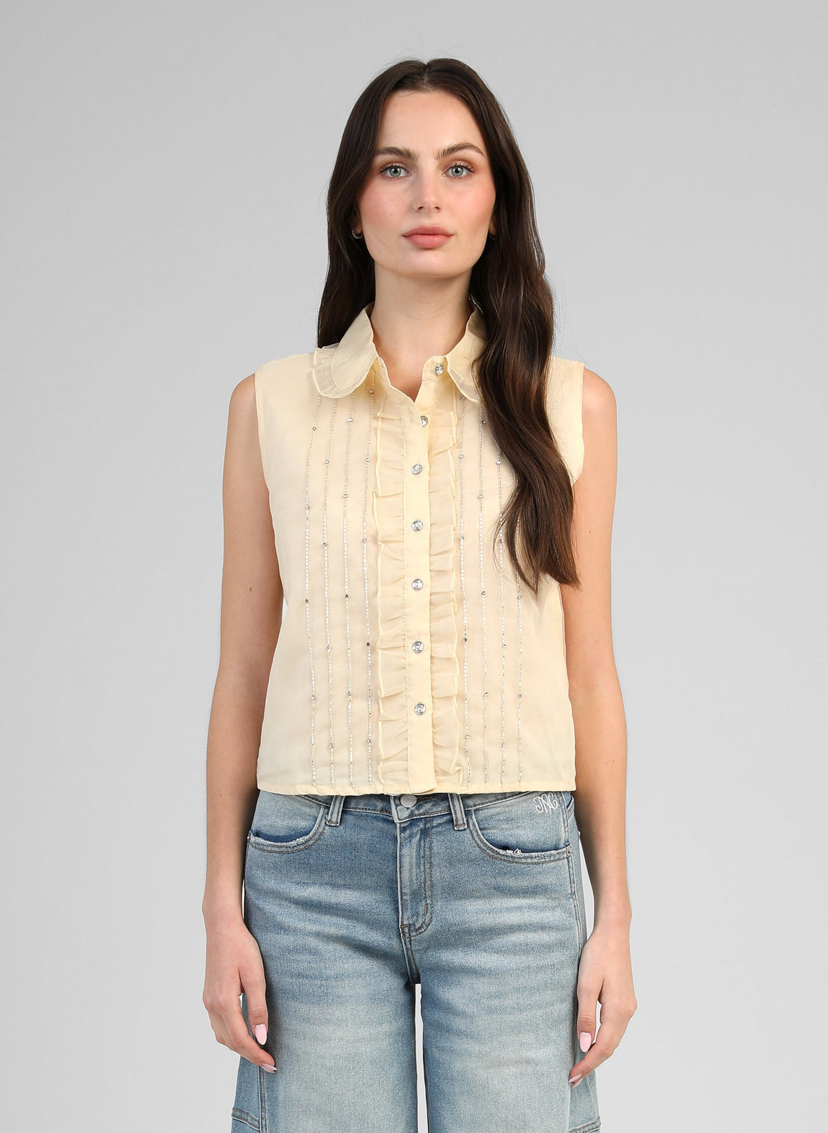 Swany Cotton Beaded Sleeveless Blouse | Yellow