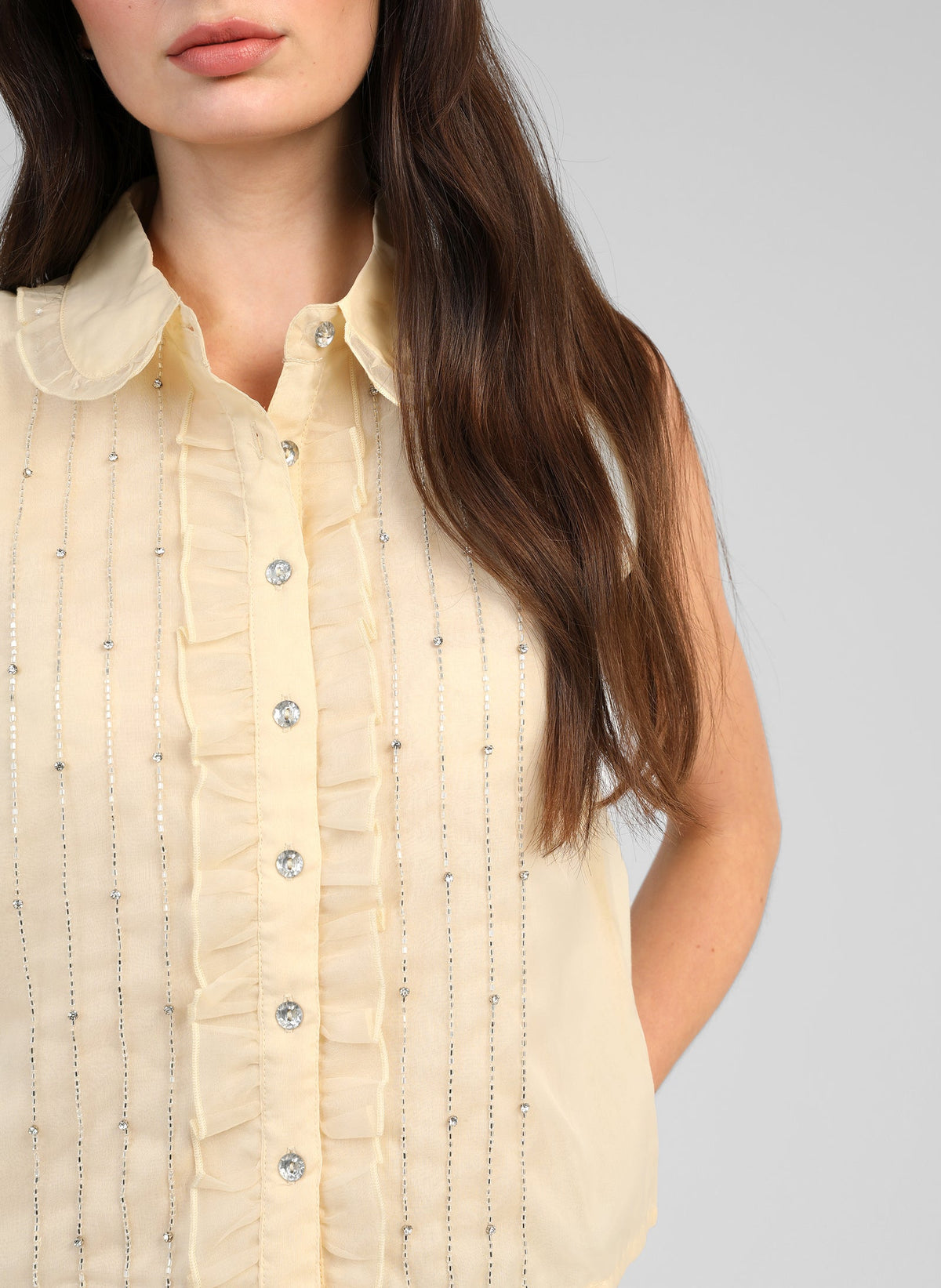 Swany Cotton Beaded Sleeveless Blouse | Yellow