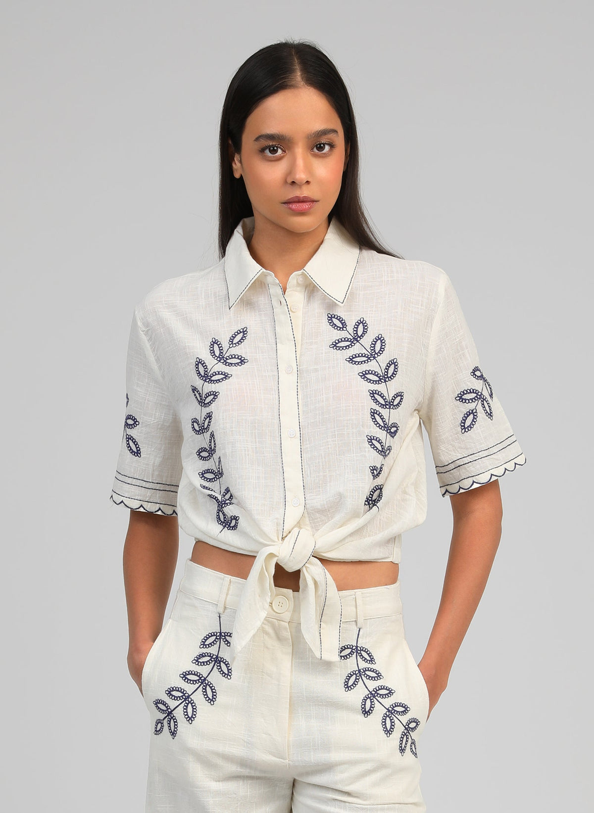 Silona Embroidered Tie Shirt | Ecru