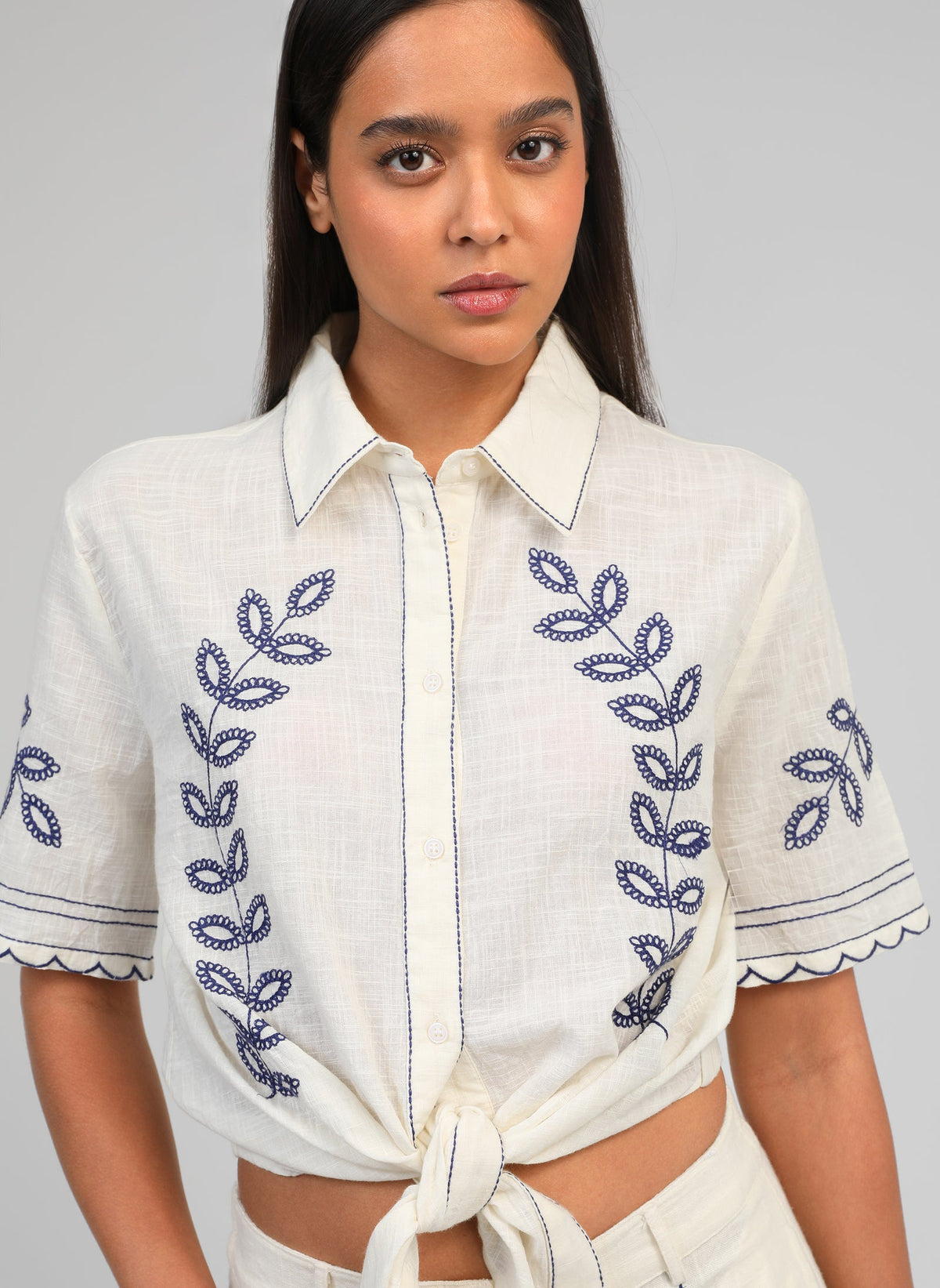 Silona Embroidered Tie Shirt | Ecru