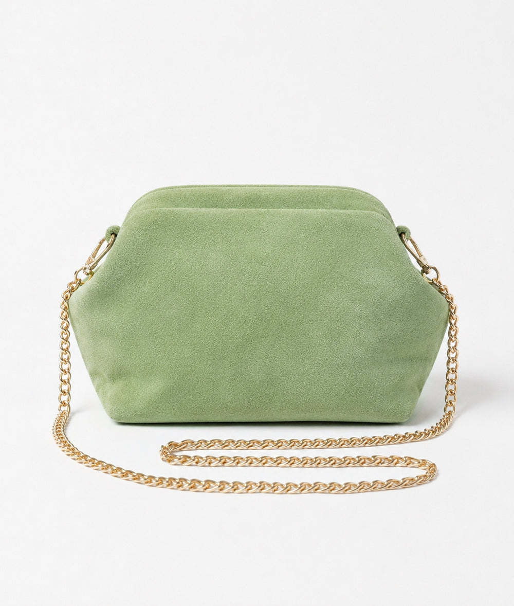 Suede Shell Inspired Clutch Bag with Chain in Sage Green