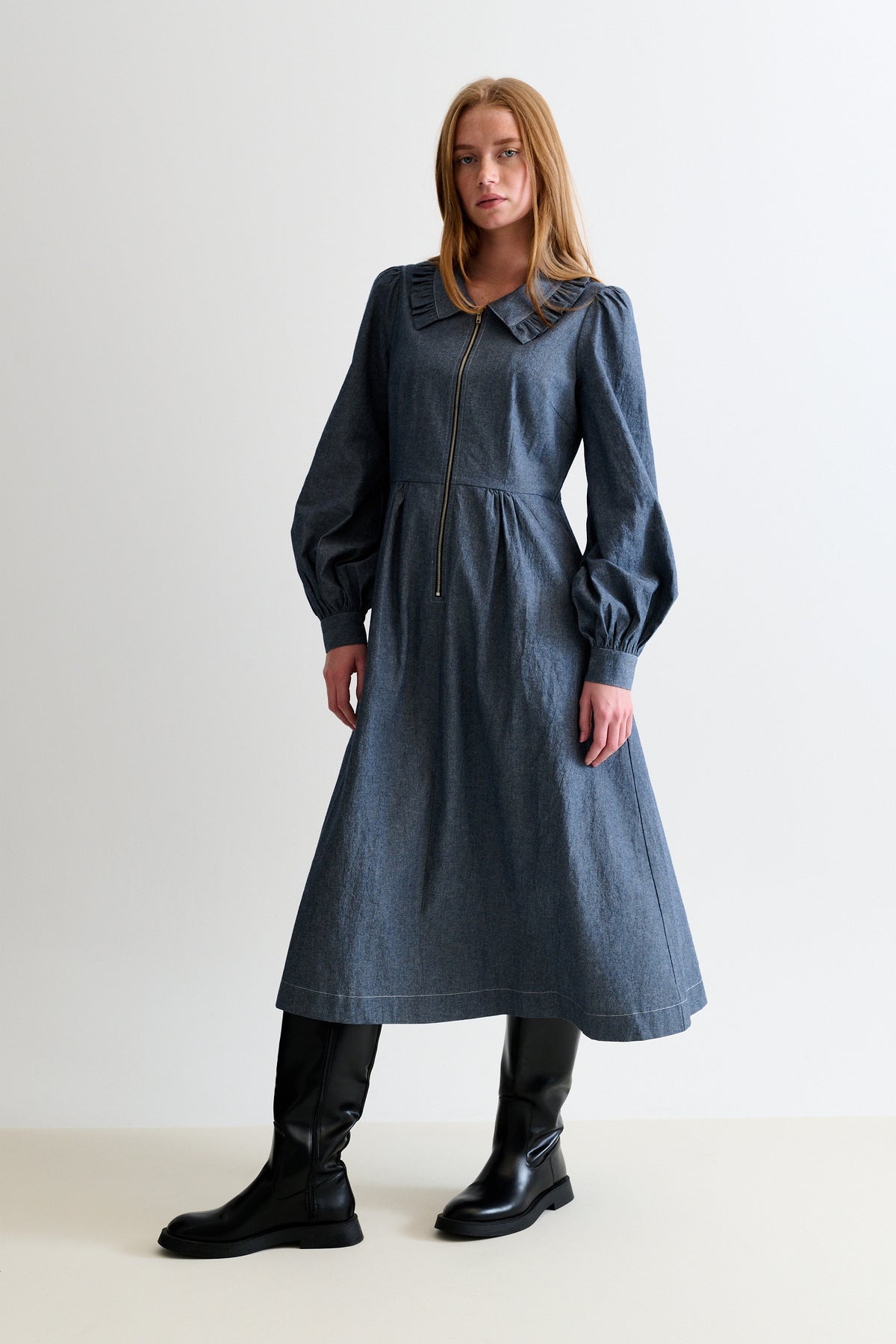 Zoya Chambray Zip Front Dress in Grey Blue