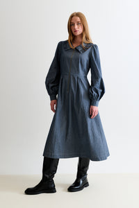 Zoya Chambray Zip Front Dress in Grey Blue