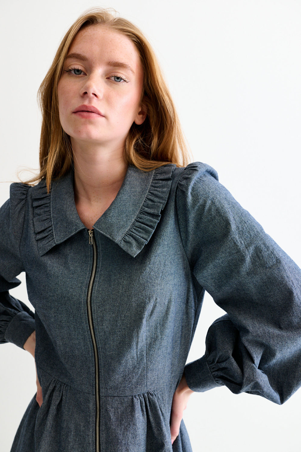 Zoya Chambray Zip Front Dress in Grey Blue